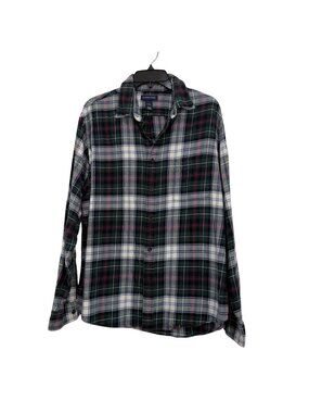 Lands End Mens Plaid Button-Down Flannel Shirt Long Sleeve Green/White SZ Large